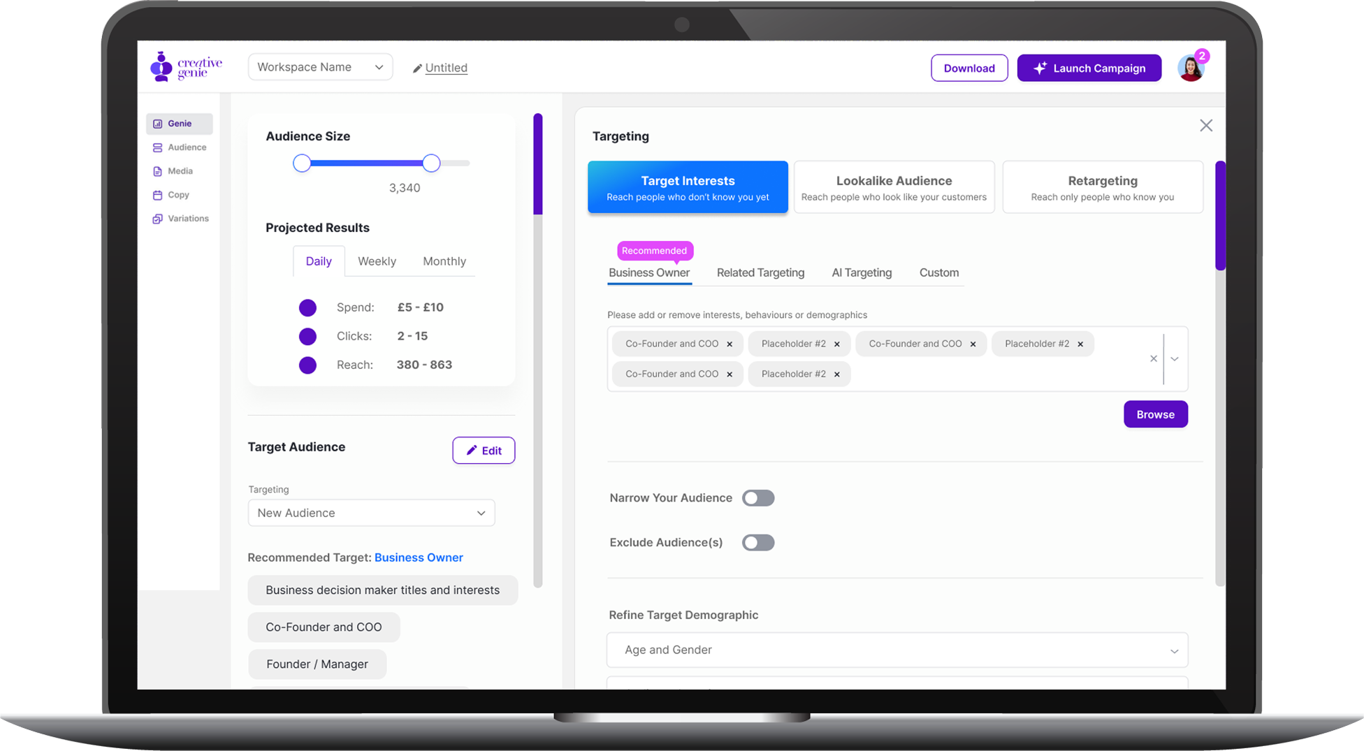 Creative Genie Audience Selection Screen