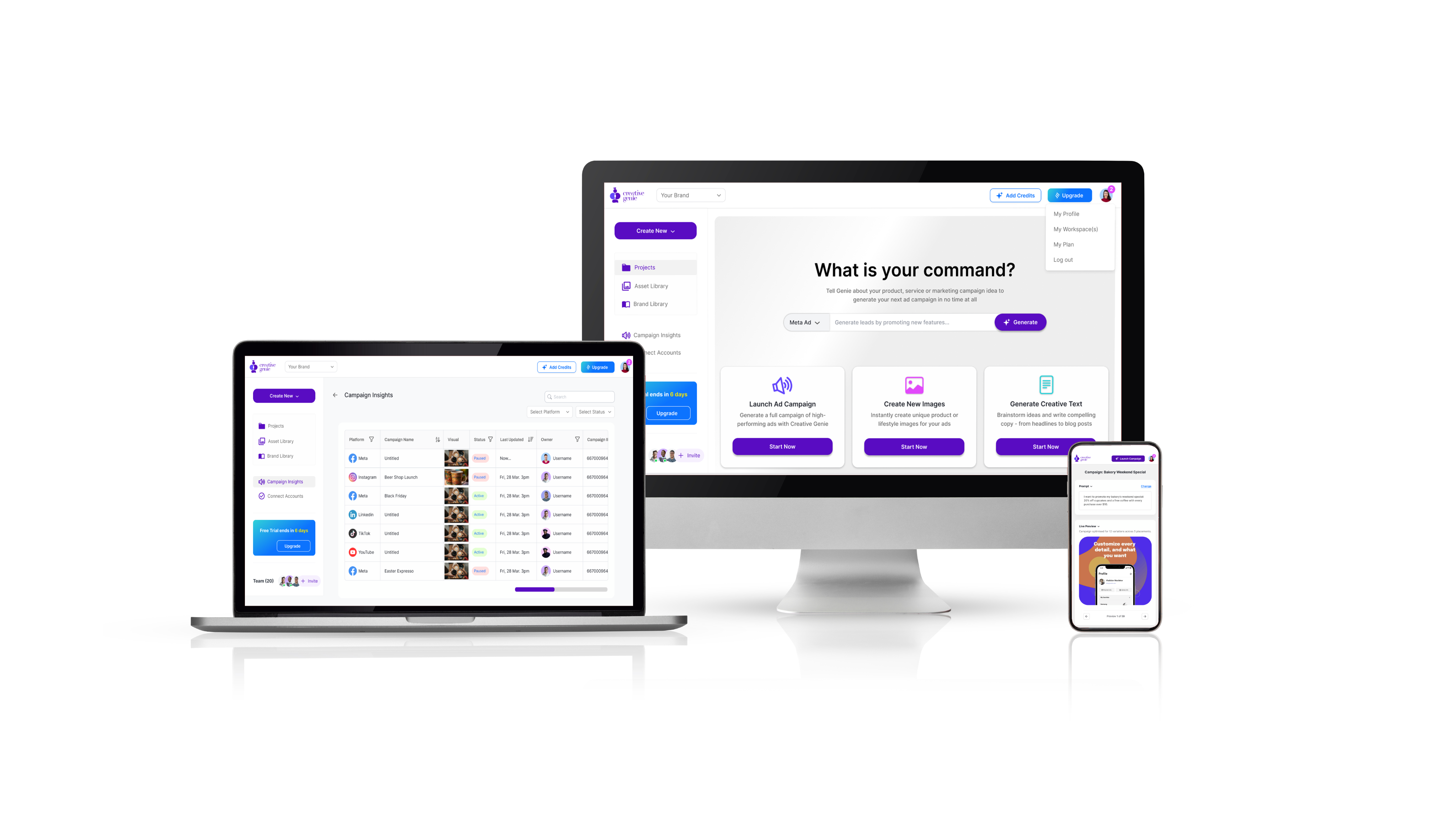 Creative Genie Screen Designs in Monitor, Laptop and Mobile VIew