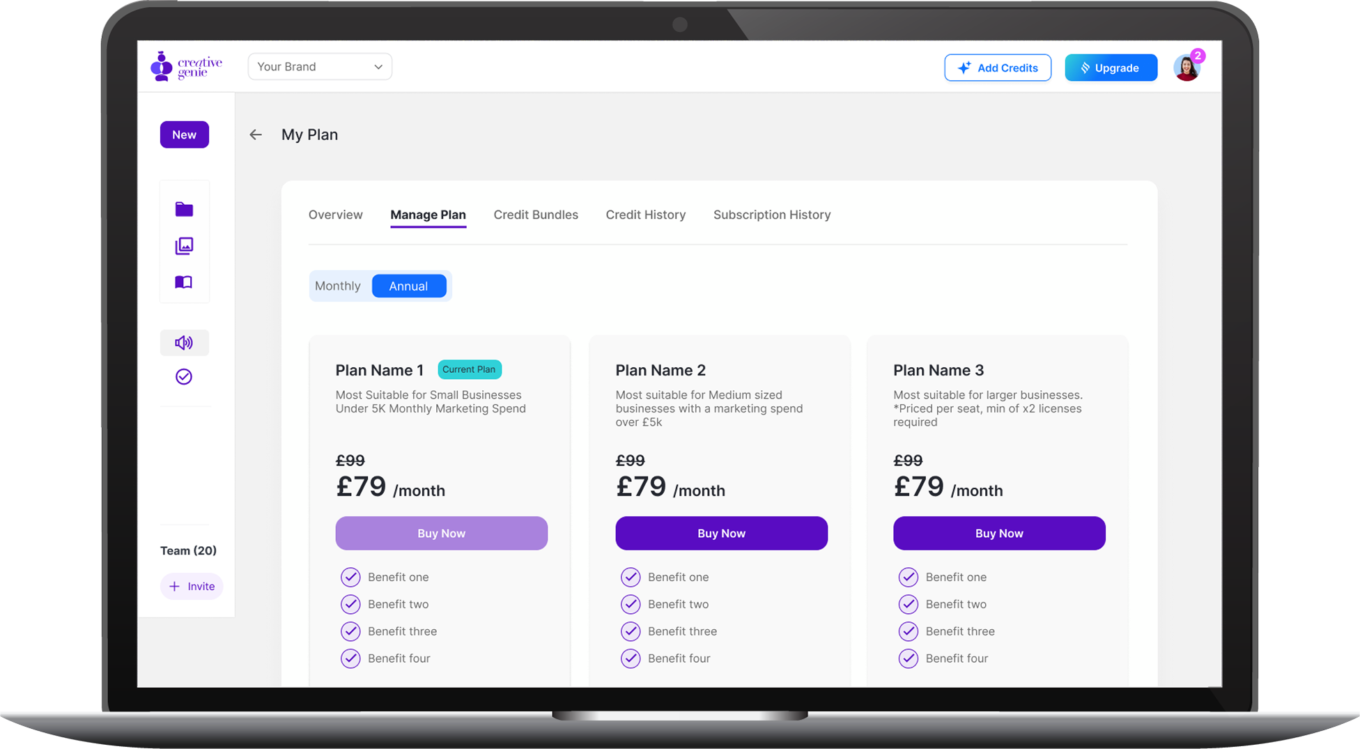 Creative Genie Select Plan Screen