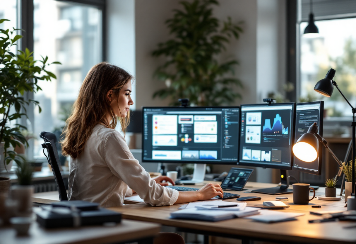 Backgroud image of lady working at desk with many monitorsBackgroud image of lady working at desk with many monitors